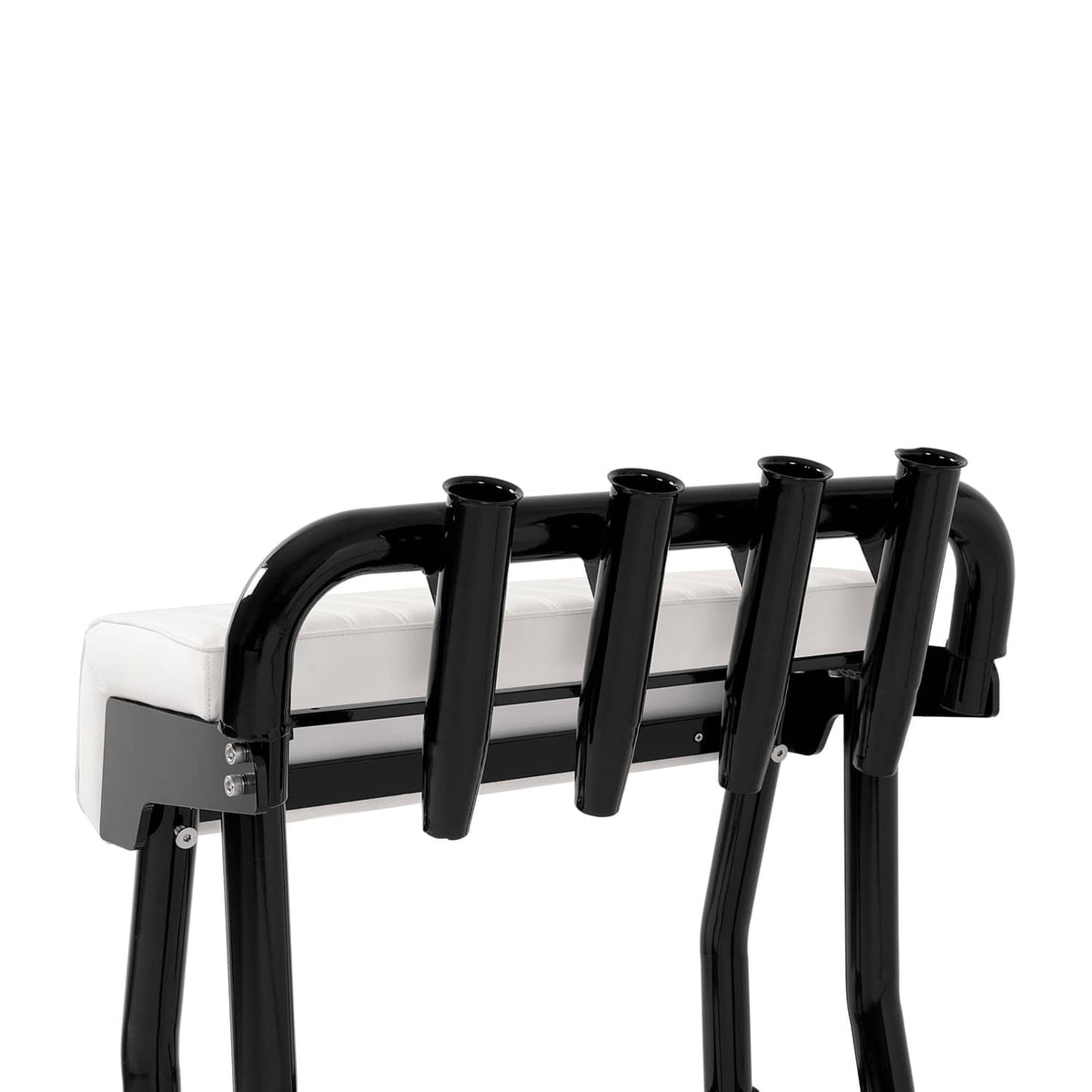 Angled view of black leaning boat seat with white cushion and four rod holders