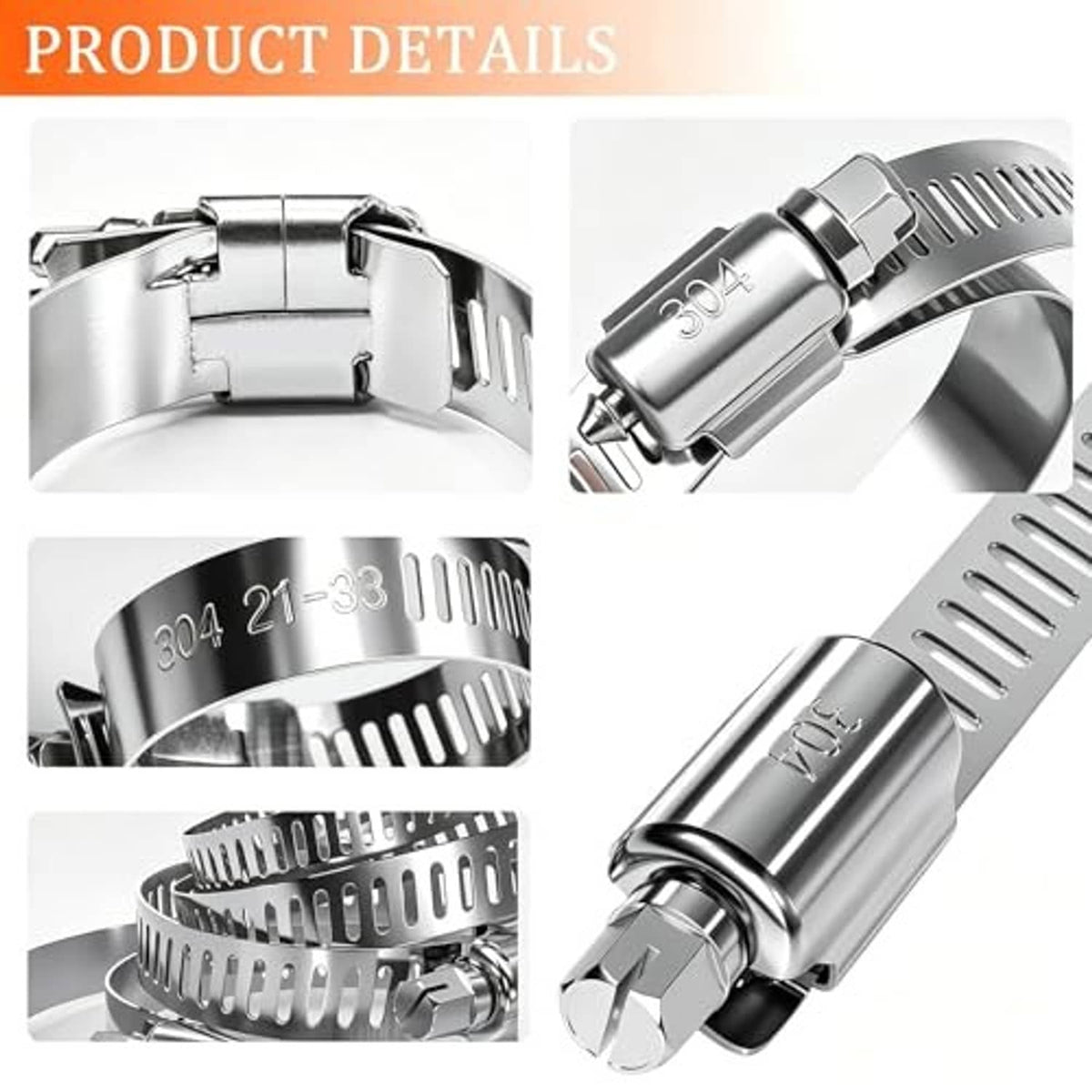 304 stainless steel hose clamp detail, band markings and screw housing with hex bolt