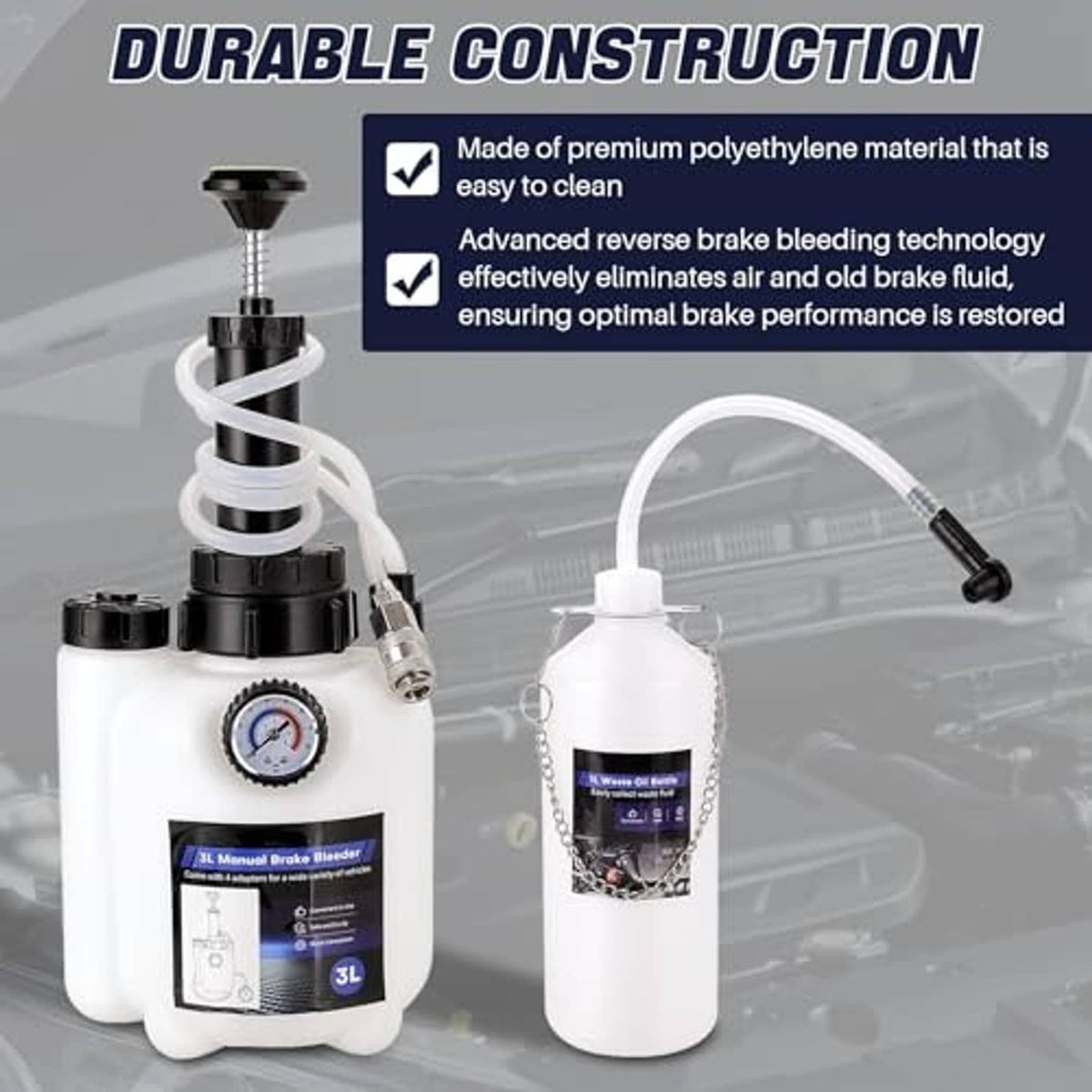 Brake bleeder fluid pump kit with pressure gauge, hose, valve, and 3L plus waste bottle