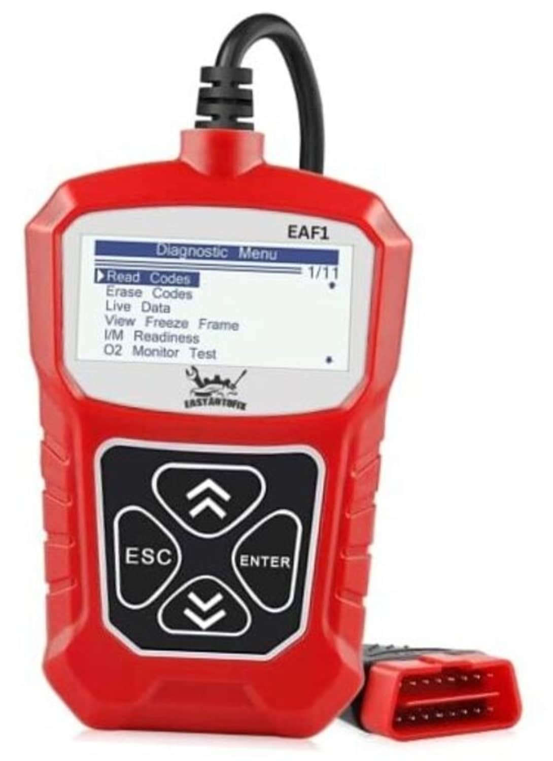 Red EAF1 OBD2 diagnostic code scanner with LCD screen, keypad, and OBD connector.