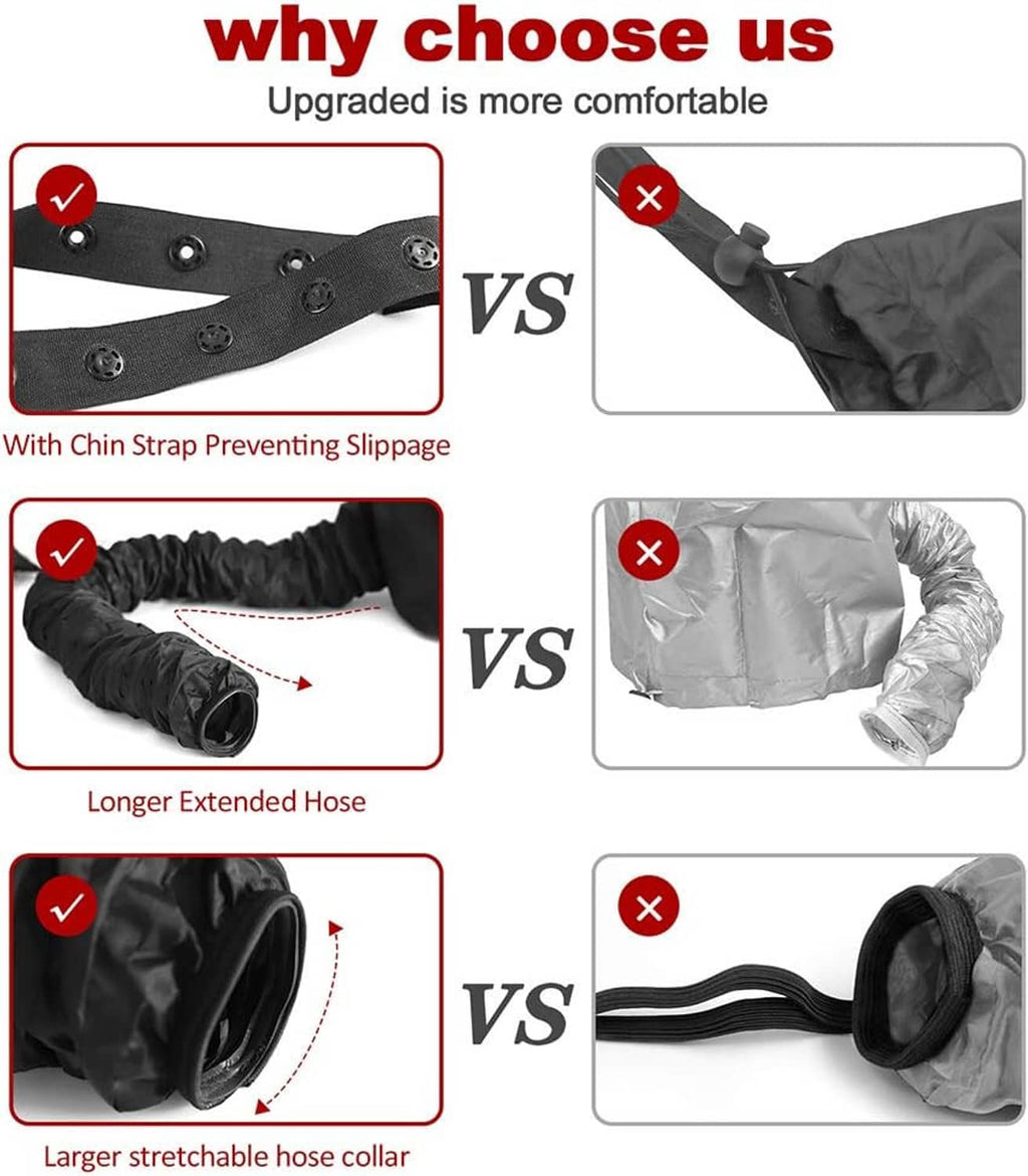 Black hair dryer bonnet chin strap and hose collar shown in detail