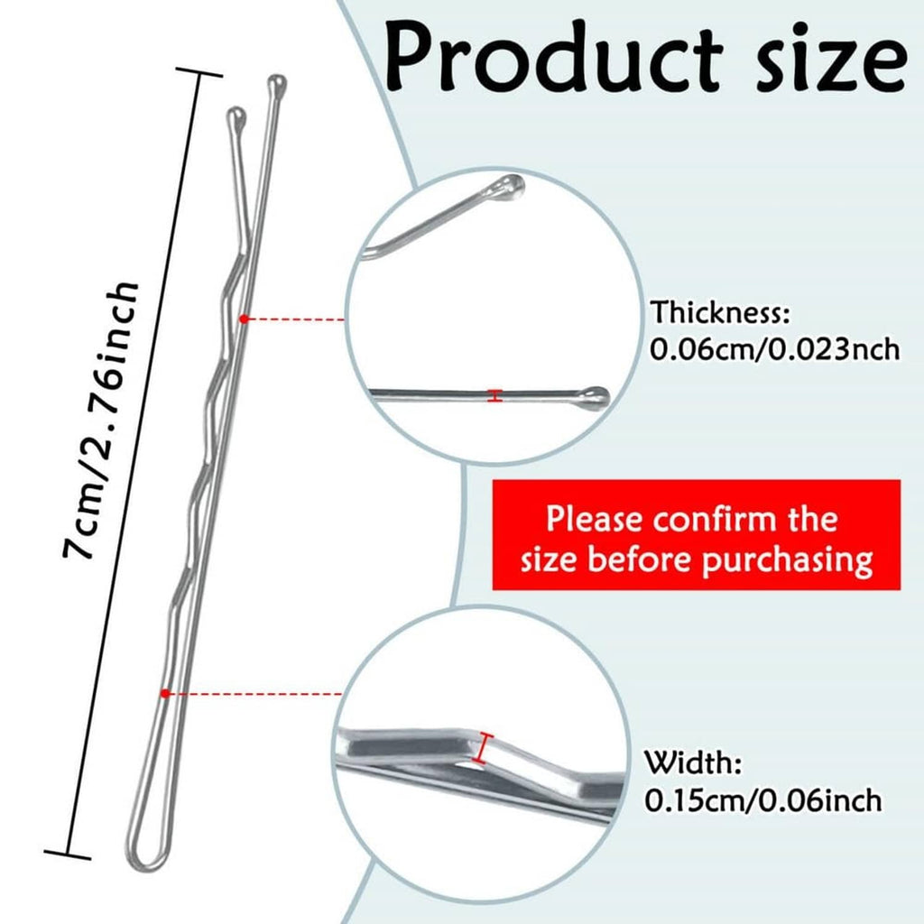 Silver bobby pin size diagram with thickness and width callouts