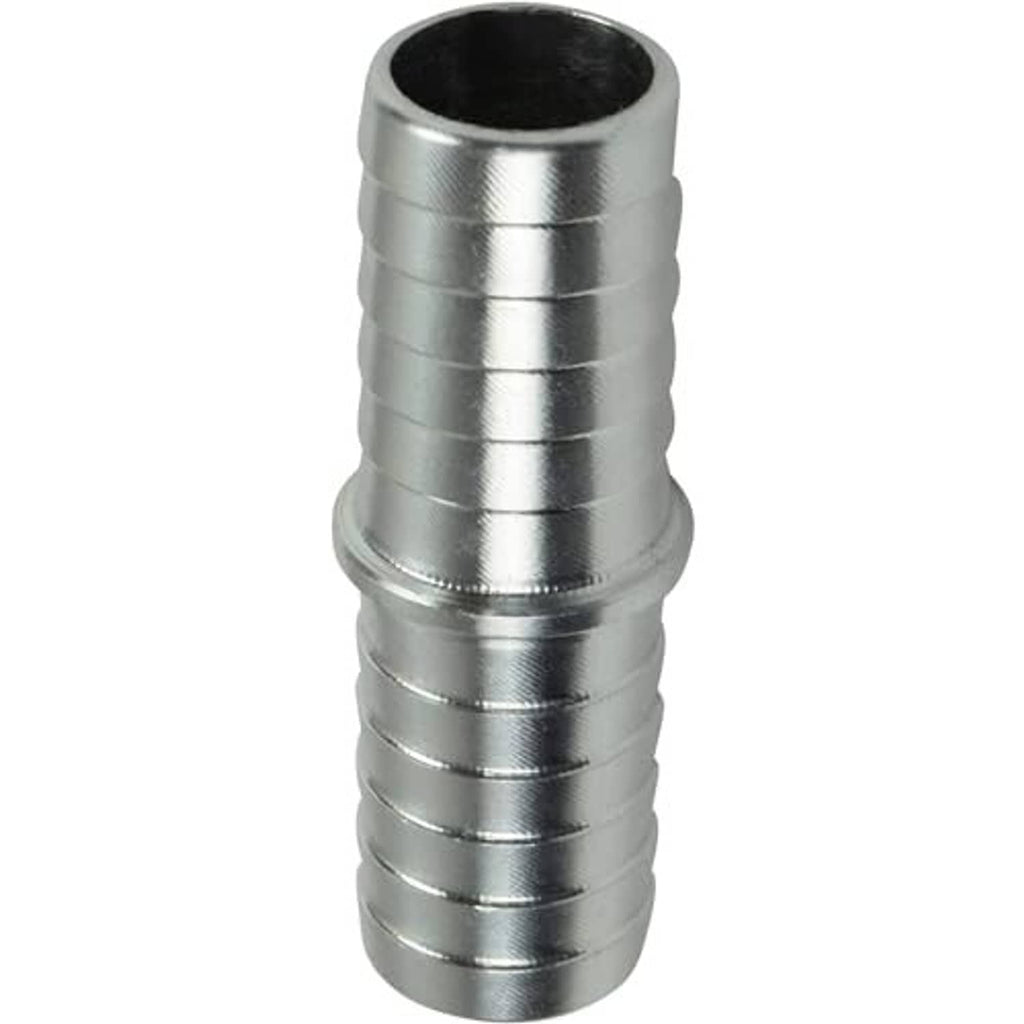 Hose barb splice coupler adapter, silver metal fitting with black inner opening