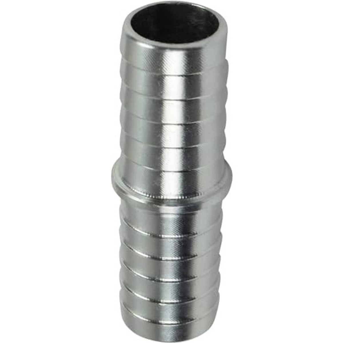 Hose barb splice coupler adapter, silver metal fitting with black inner opening