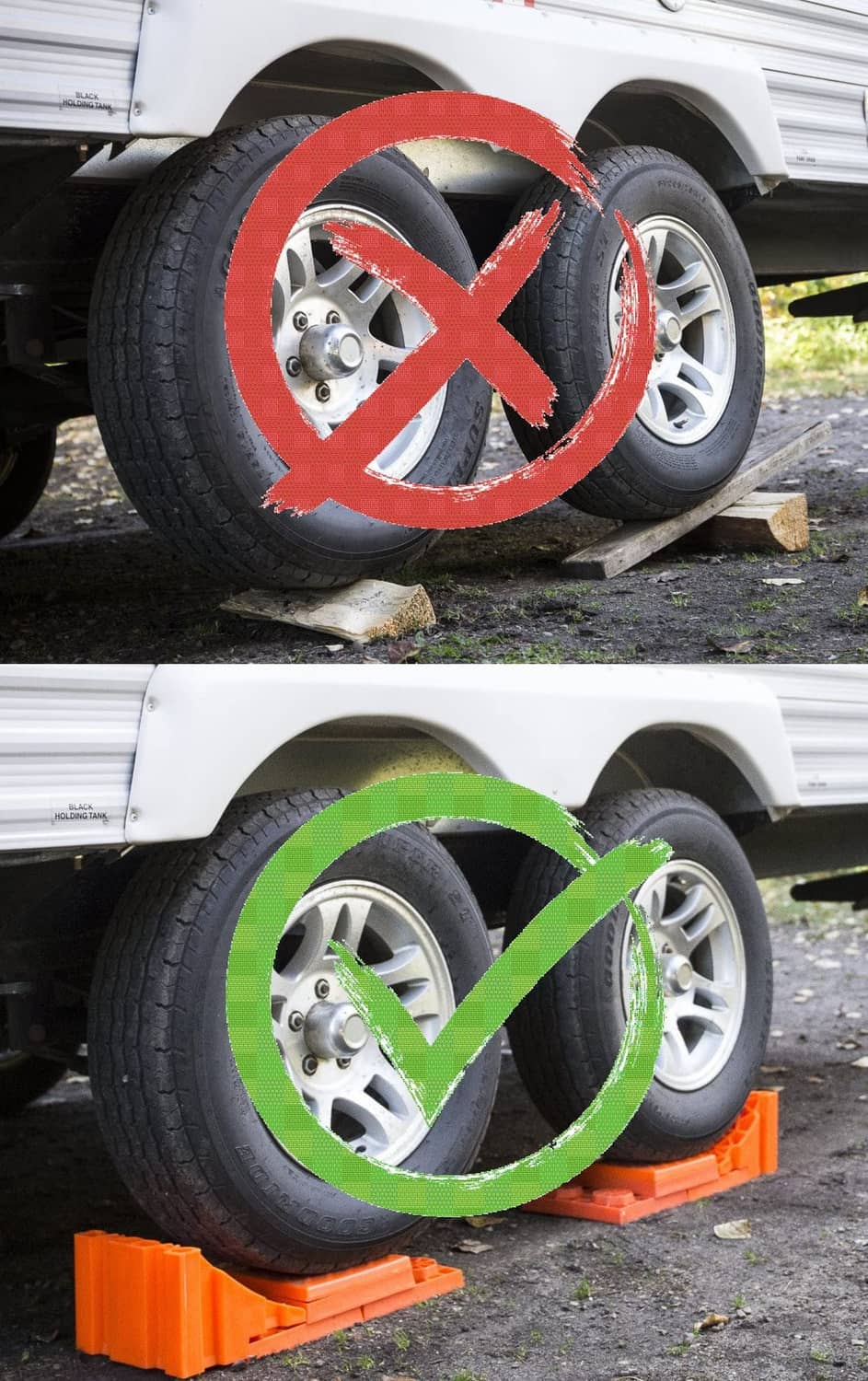 Orange RV leveling blocks stacked beside wheels under a trailer