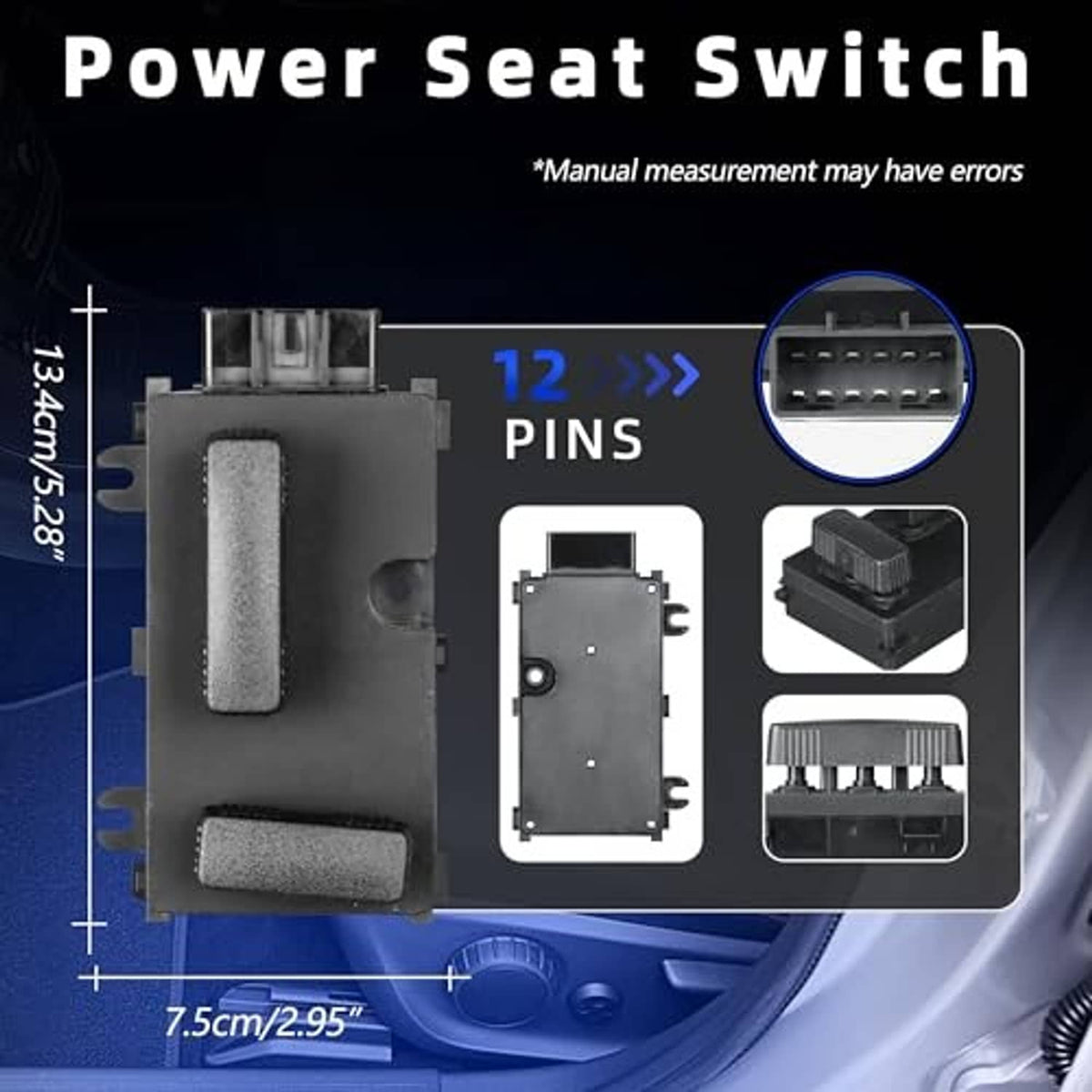 Black power seat switch with ribbed levers and 12-pin wiring connector detail