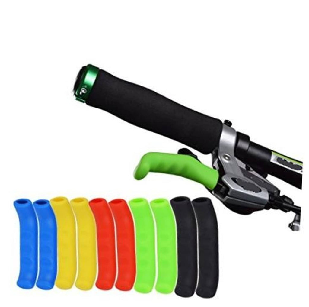 Silicone brake lever sleeve set with anti-slip grip; row of blue and green sleeves.