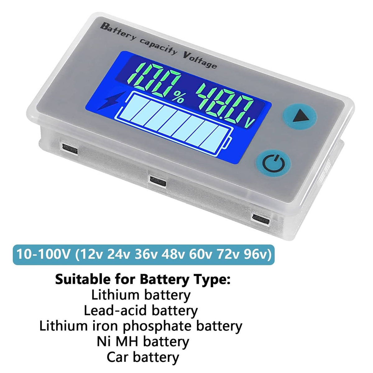 LCD digital battery monitor angled view with blue-lit screen and control buttons