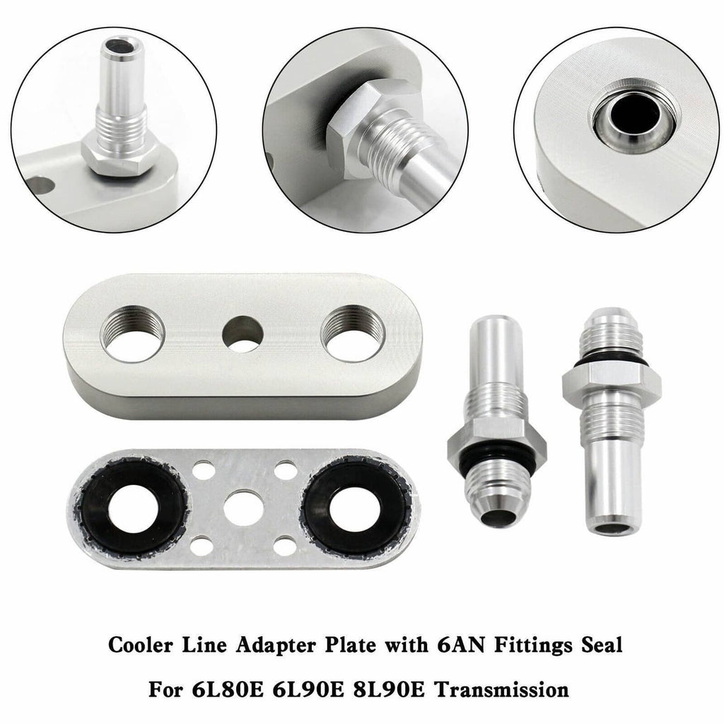Transmission cooler line adapter set with plate, two fittings, and sealing hardware