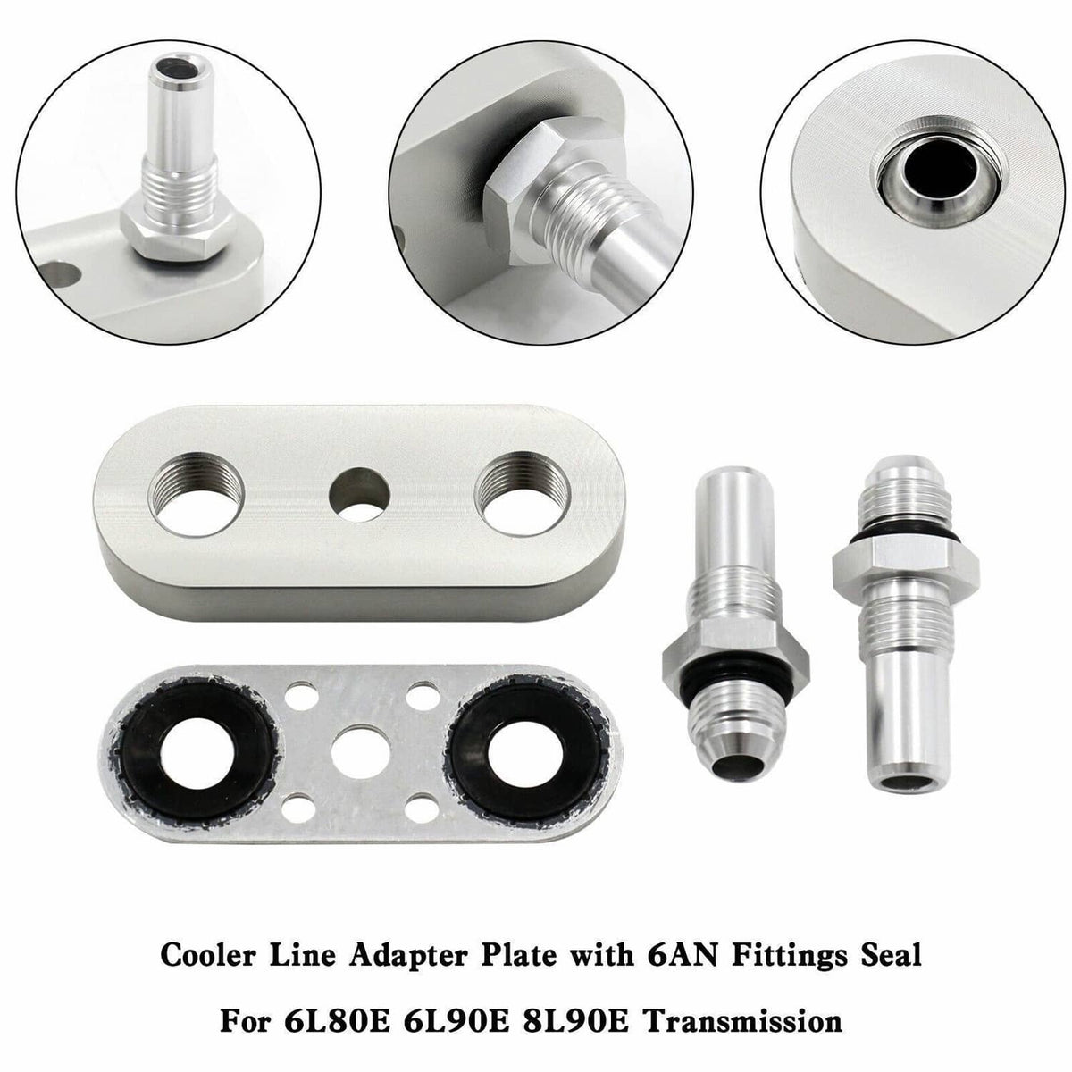 Transmission cooler line adapter set with plate, two fittings, and sealing hardware