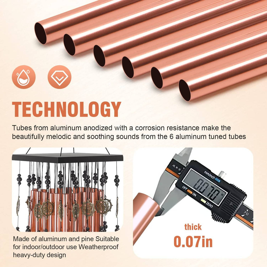 Copper aluminum tube wind chime detail with multiple hanging rods and tuning tubes