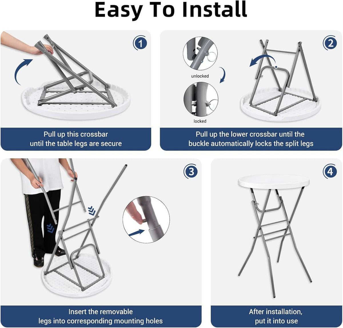 White round folding cocktail table showing crossbar and leg locking mechanism