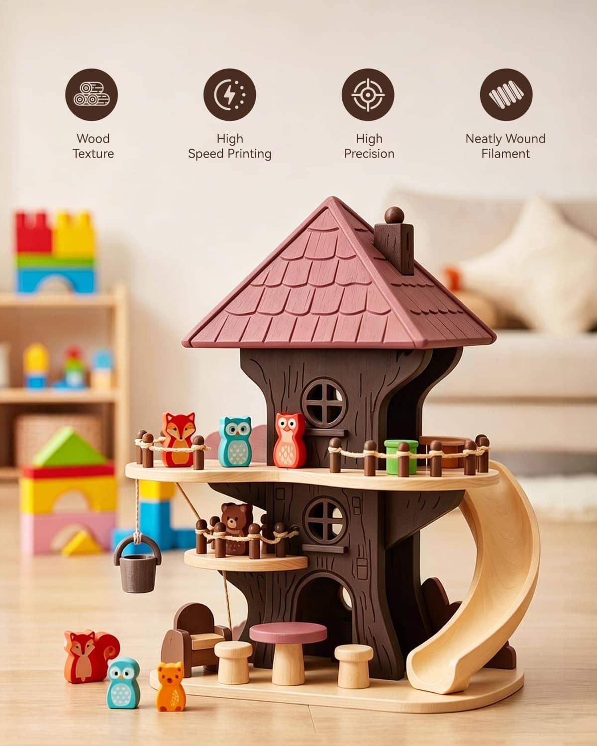 Wood PLA 3D printed play house with arched openings and small figures