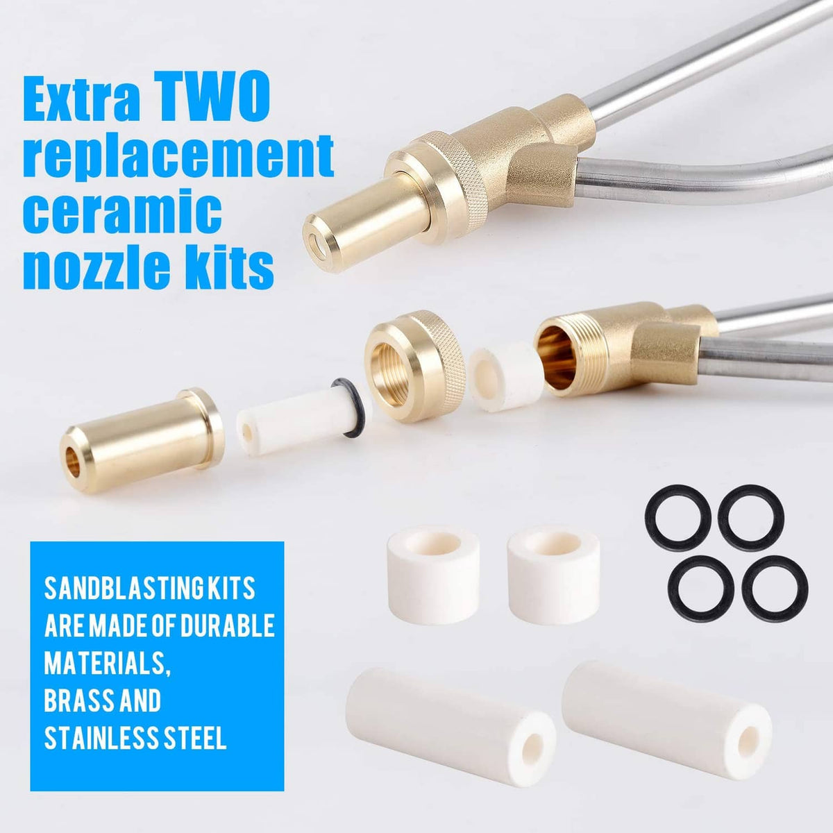 Pressure washer sandblasting nozzle kits with brass parts, ceramic tips, and replacement rings