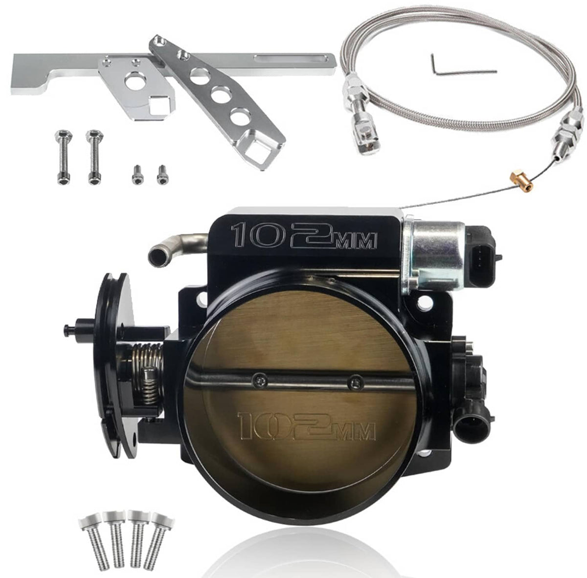 102mm throttle body with throttle cable and TPS/IAC ports, black housing, polished plate