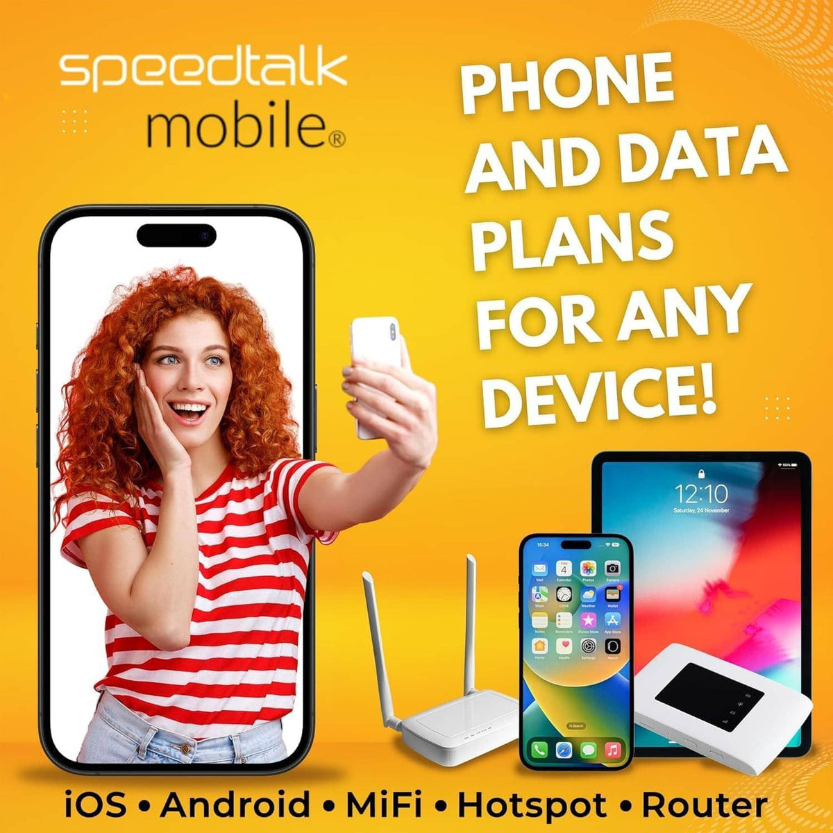 Phone and data plans graphic for iOS and Android with MiFi, hotspot, and router icons