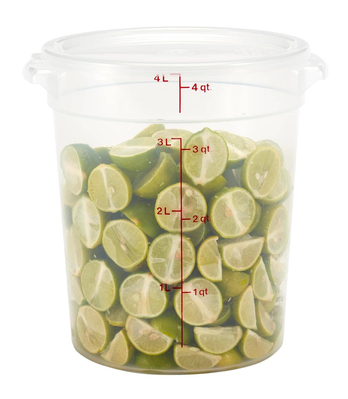 Clear plastic food storage container with lid, filled with green lime slices; red quart marks visible.
