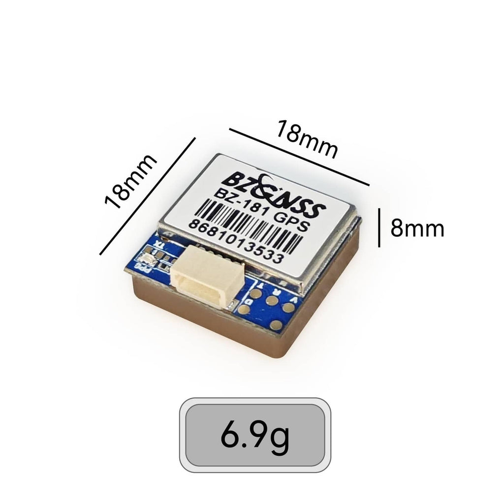 GPS module size 18x18x8mm and weight 6.9g shown
