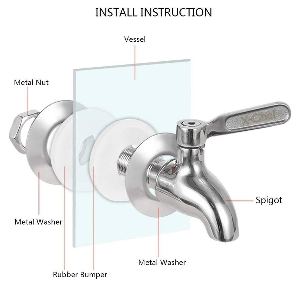 Exploded view of stainless spigot installation with metal nut, washers, bumper, and spigot