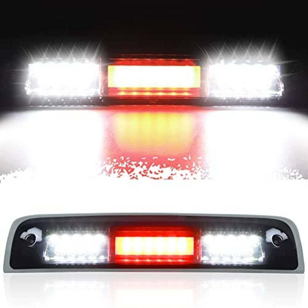 LED third brake light, chrome housing with smoked lens, lit red center bar and white LEDs