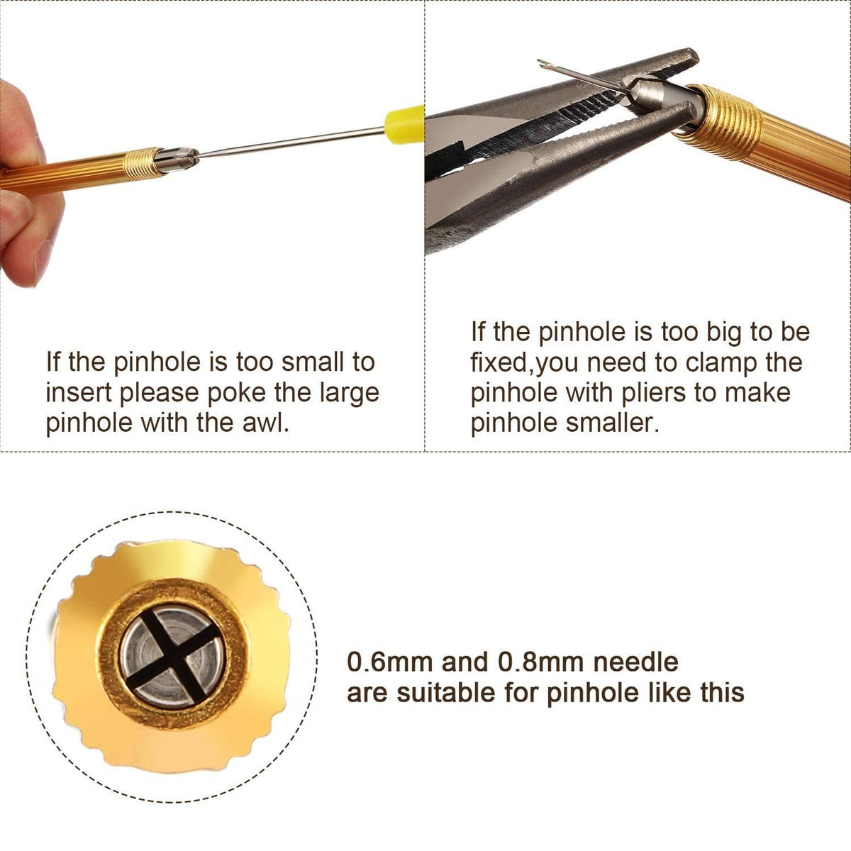 Gold doll hair rooting tool with needle tip and removable end cap