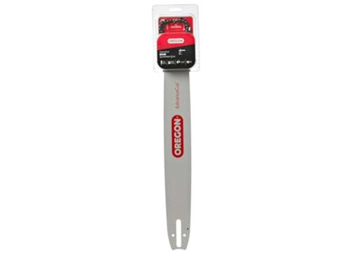 Oregon chainsaw bar with chain, gray bar with red ORGON branding in blister retail pack.