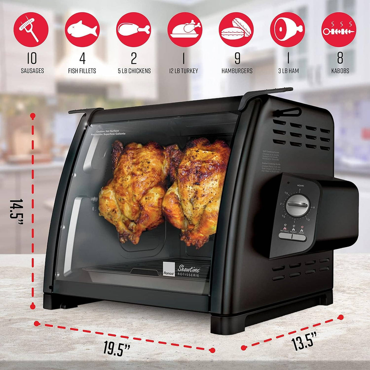 Countertop rotisserie oven with two roasted chickens, glass door and right control panel