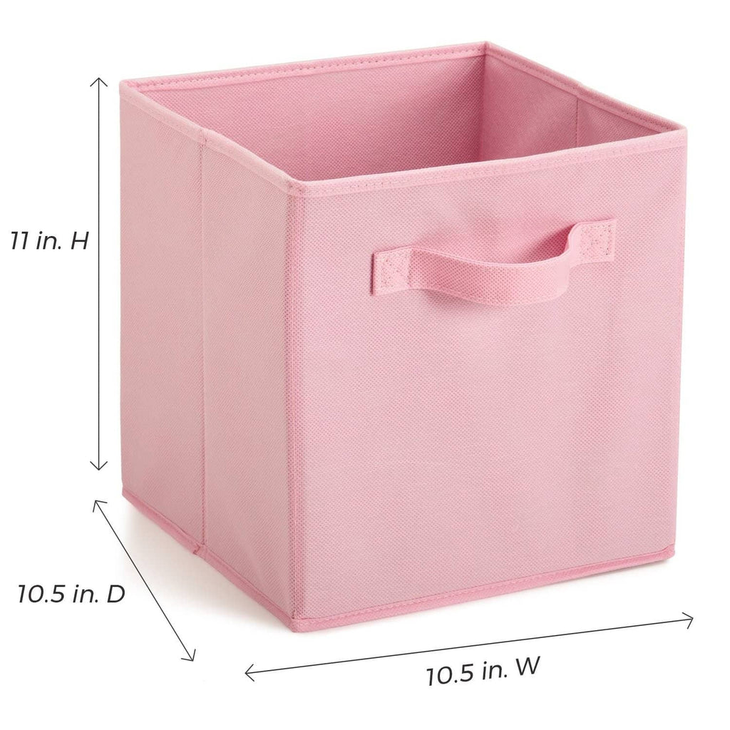 Pink fabric cube drawer, open top; 11 in H, 10.5 in W, 10.5 in D