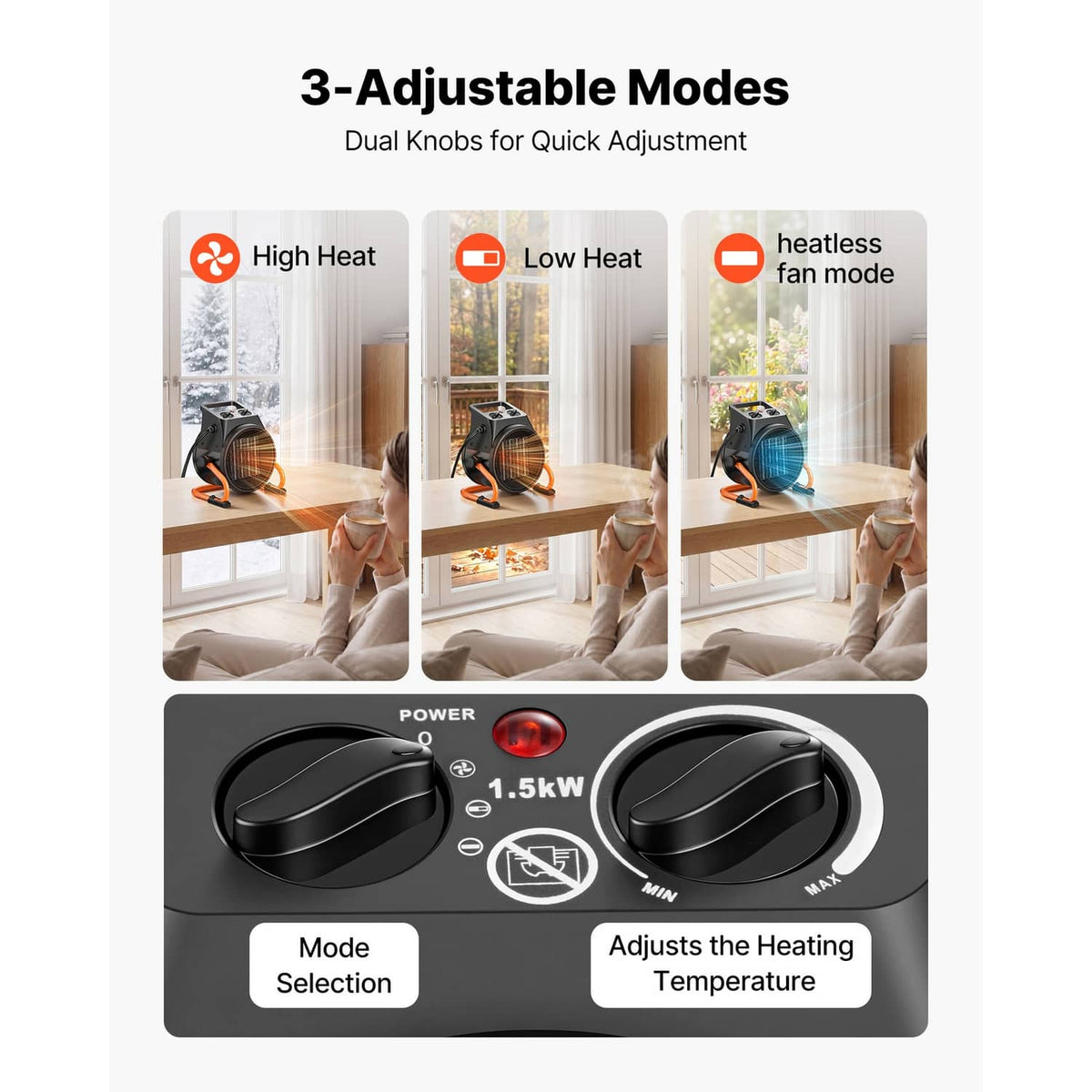 Electric greenhouse heater control panel with two knobs and airflow grill front