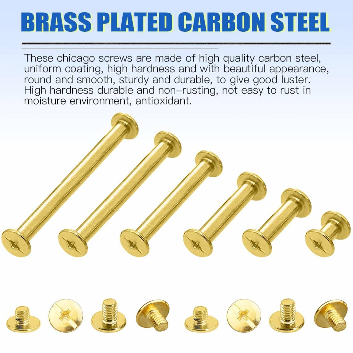 Brass-plated Chicago screws set with round heads, gold tone, assorted lengths