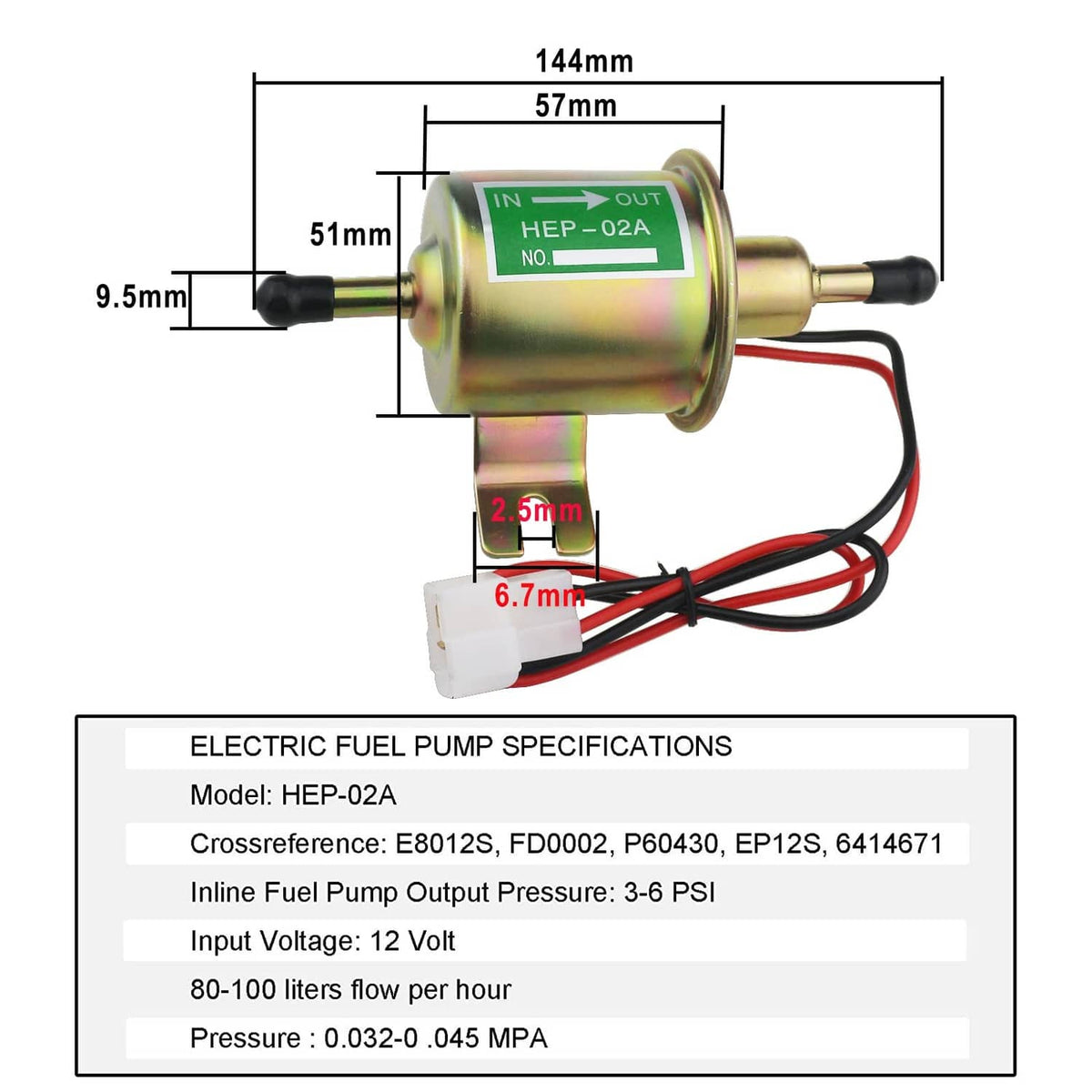 Inline electric fuel pump with brass body and 12V 3–6 psi specifications diagram