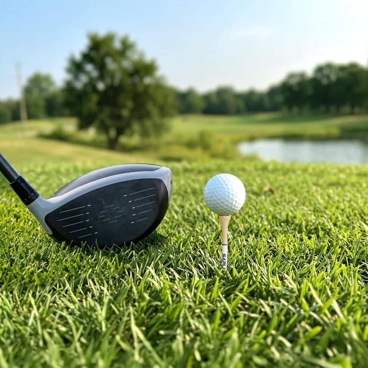 SAPLIZE golf tee holding a white ball next to a driver on green grass.