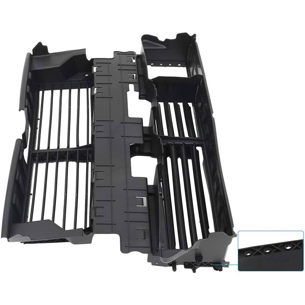 Black grille shutter insert assembly with vertical slat sections and internal support ribs