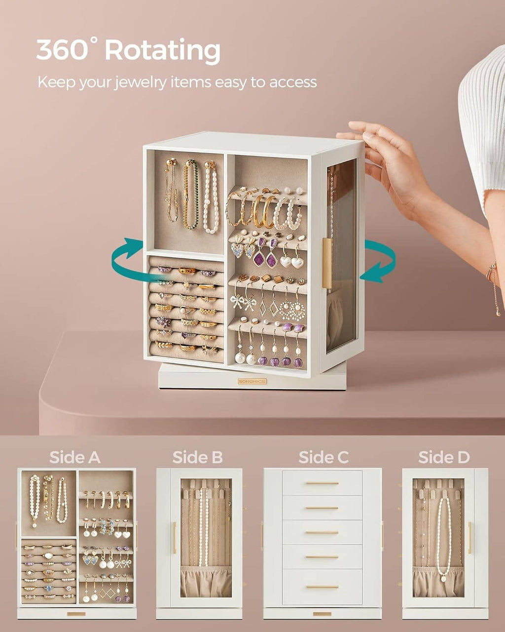 White 360° rotating jewelry cabinet with open door showing drawers and ring holder rows