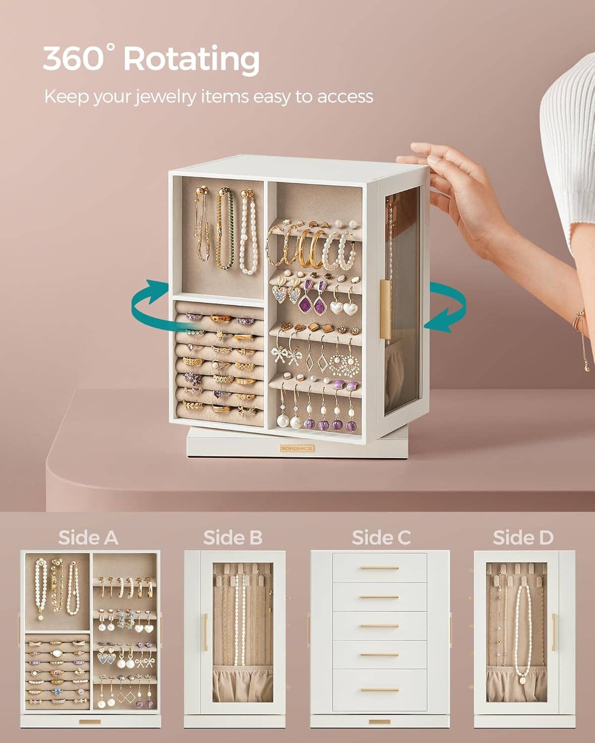 White 360° rotating jewelry cabinet with open door showing drawers and ring holder rows