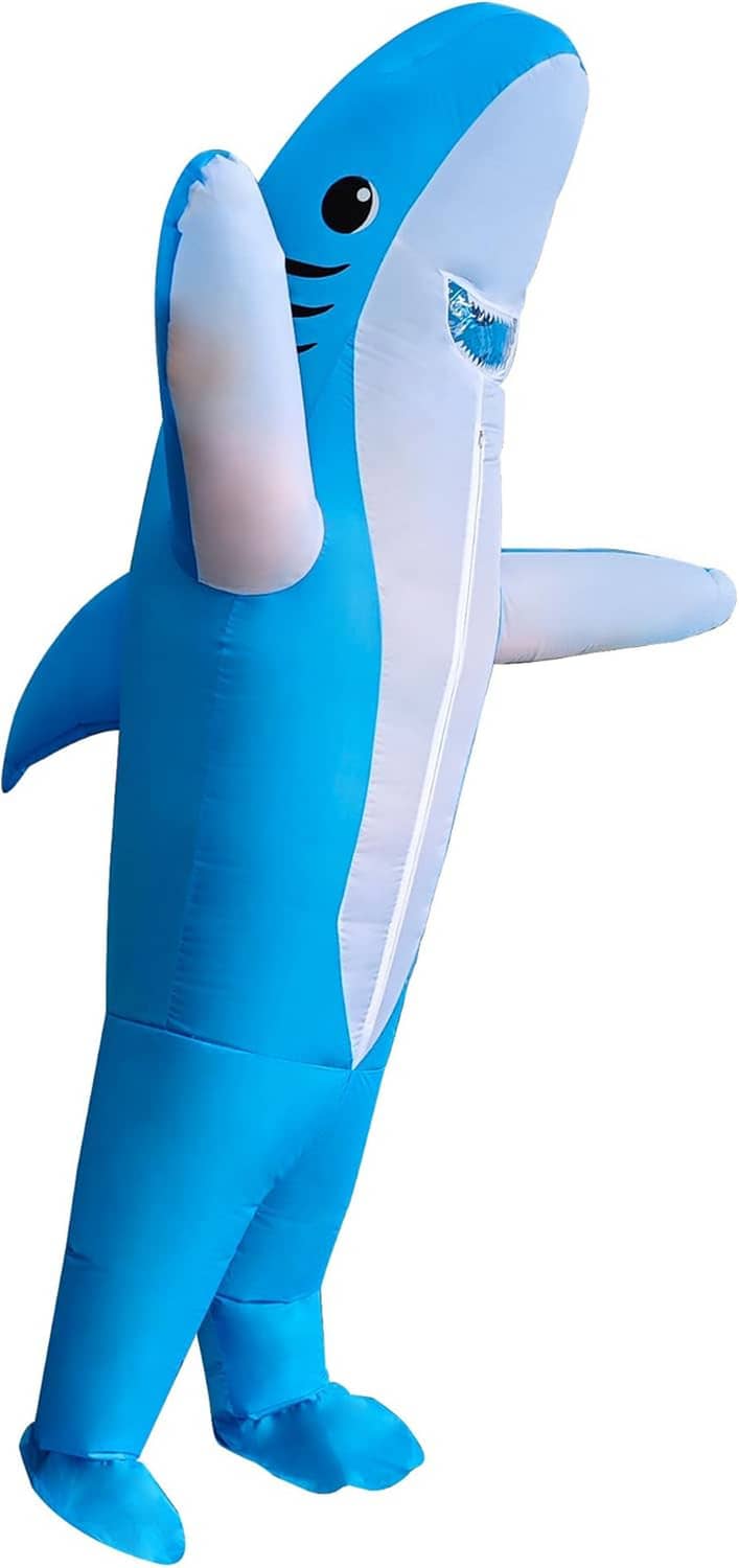 Blue inflatable shark costume with white belly and dorsal fin, standing full-length