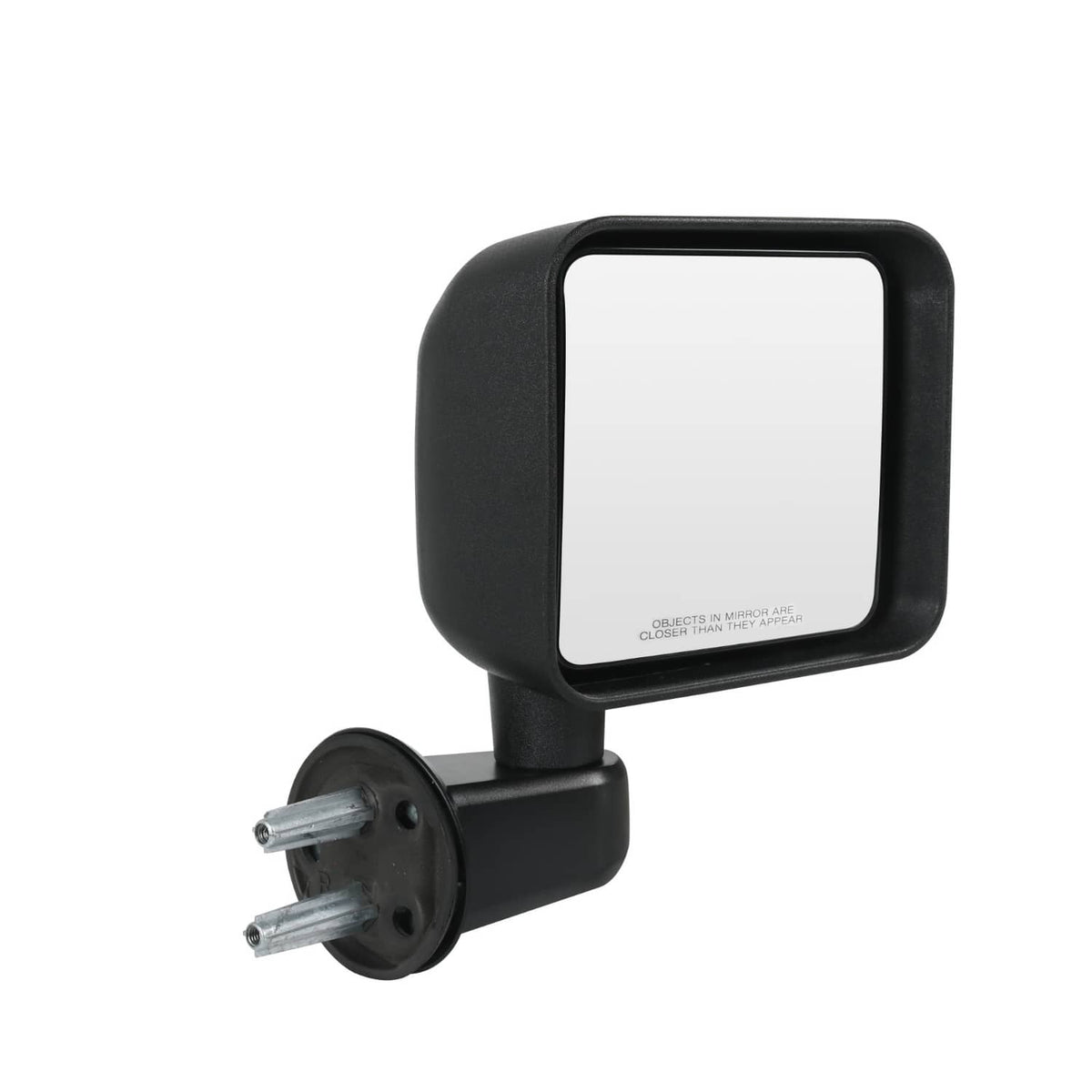 Black manual side mirror housing with clear glass and circular base mount with bolts