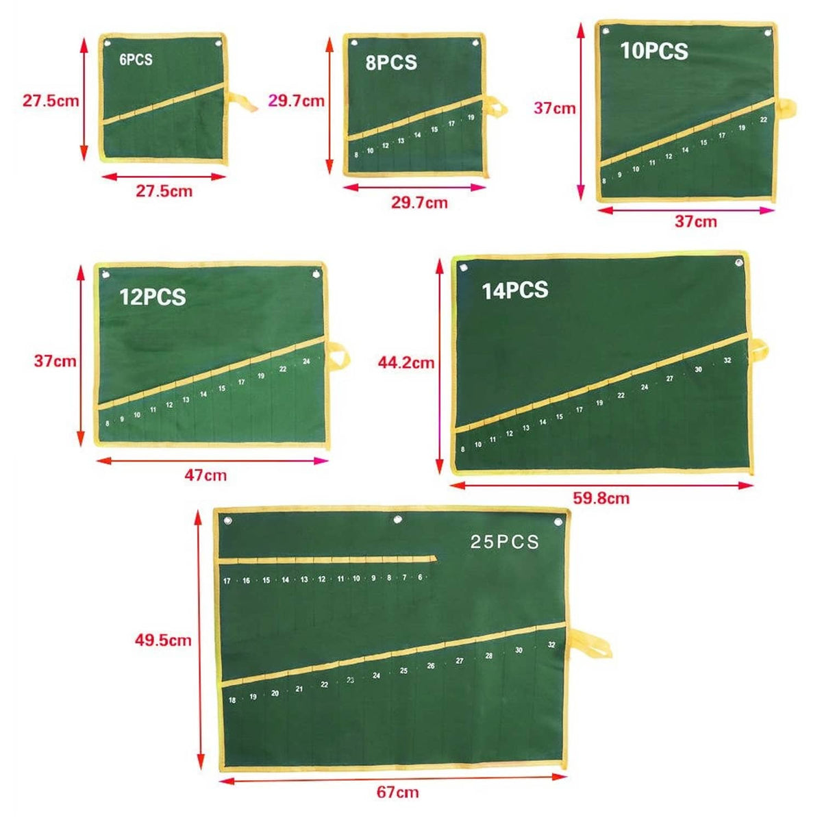 Green wrench roll-up organizer with yellow trim, with size measurements shown