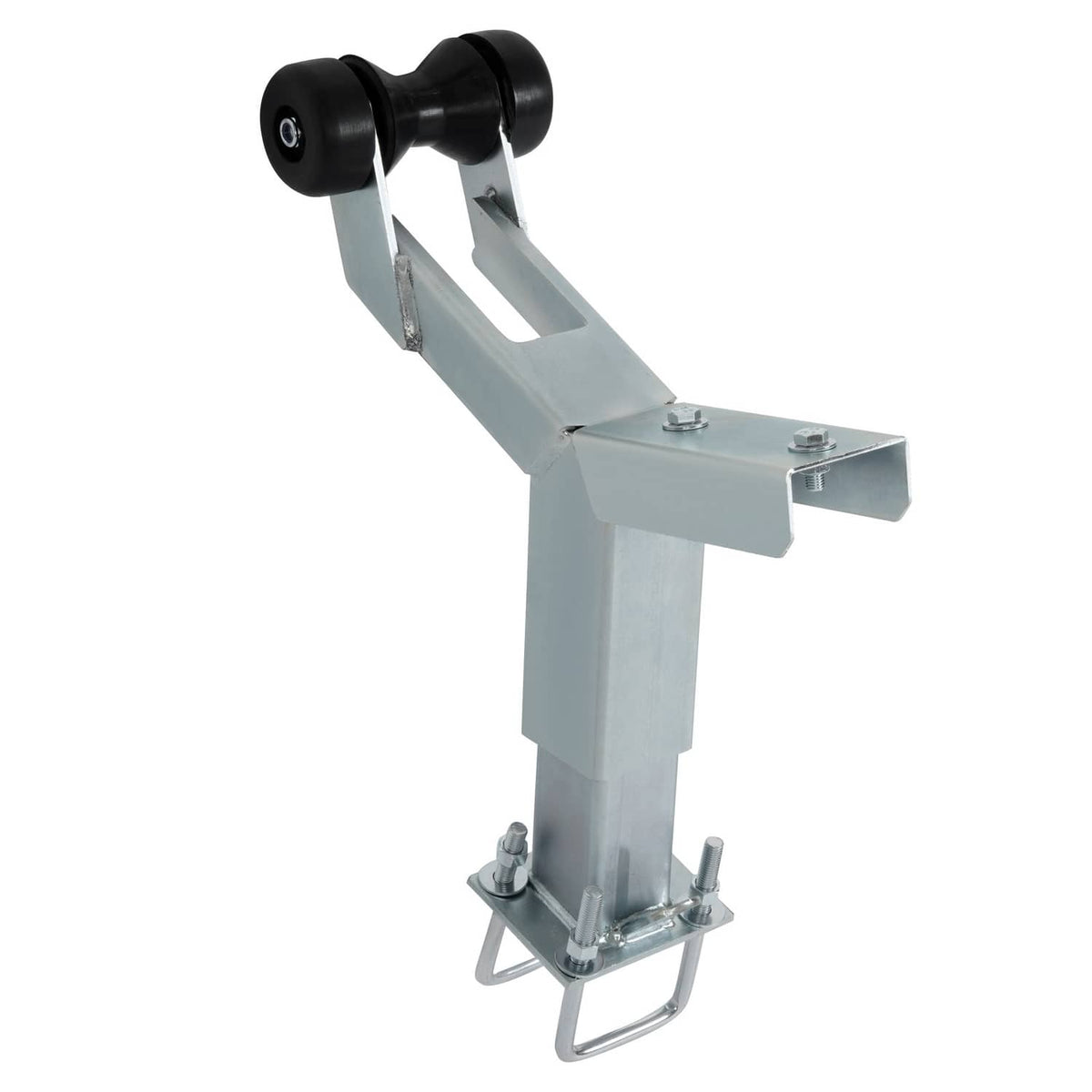 Adjustable boat trailer winch stand with black roller, short-nose mount, galvanized steel frame