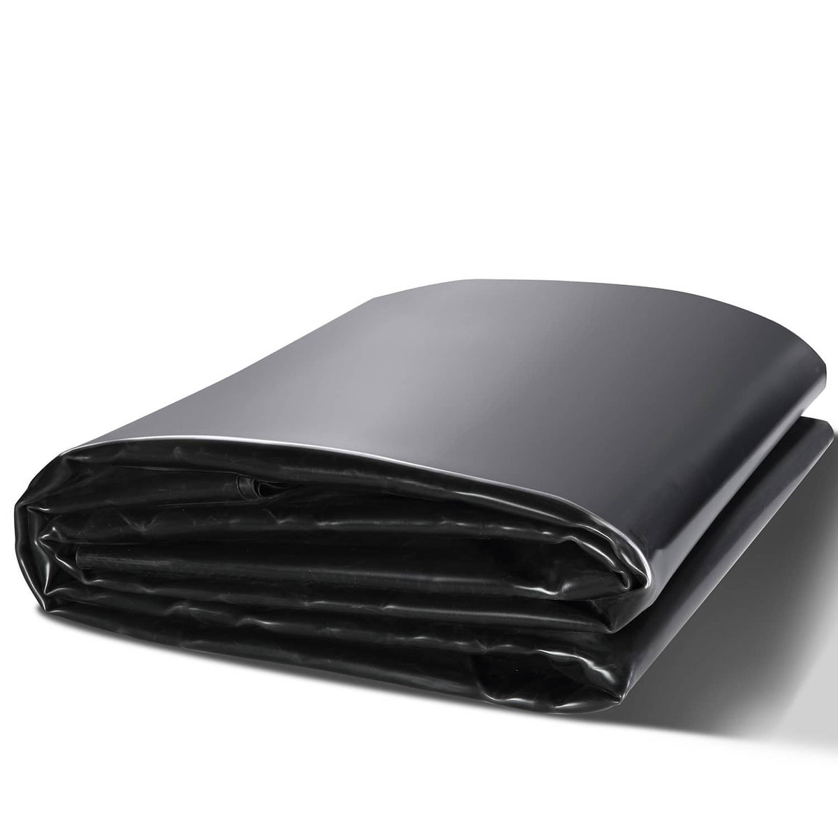 Black EPDM pond liner sheet bundle, neatly folded and ready to cut for installation