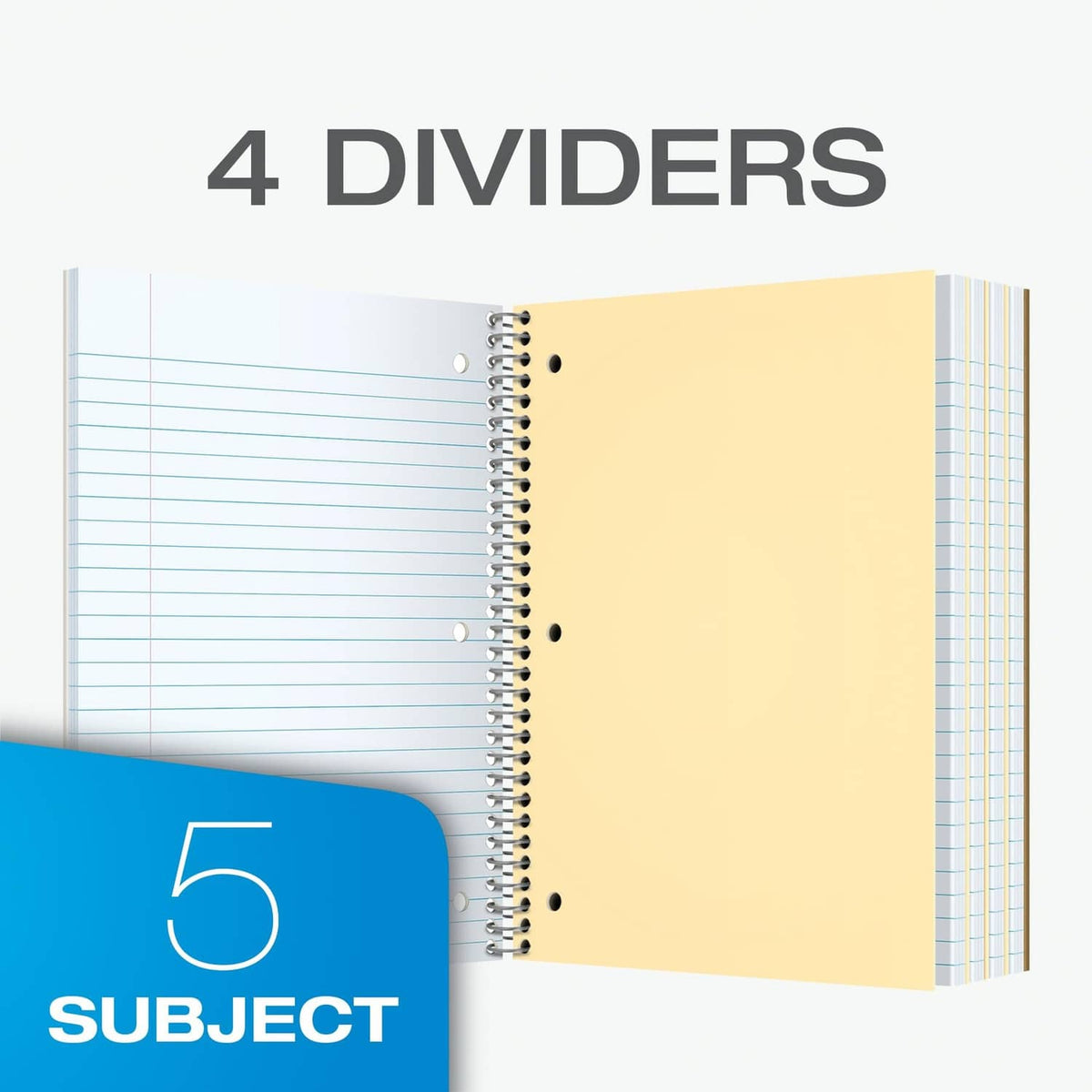 Spiral notebook open to blue college-ruled pages with divider sheets