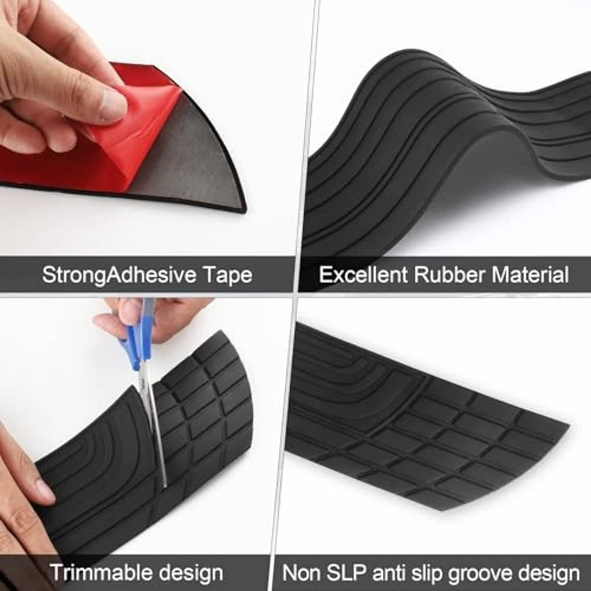 Black bumper protector with raised tread pattern and trimmed adhesive-back section