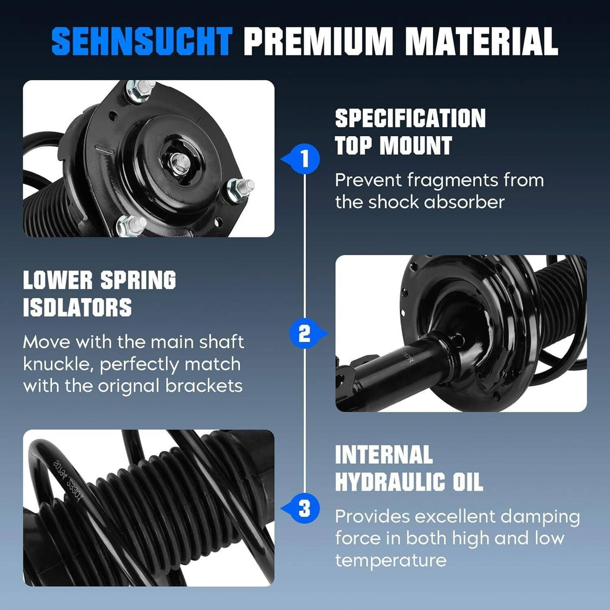 Front strut shock assembly with top mount, lower spring insulators, and hydraulic oil