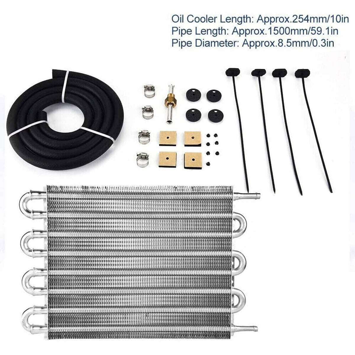 Oil cooler kit bundle: aluminum radiator core, black hose coil, and mounting hardware