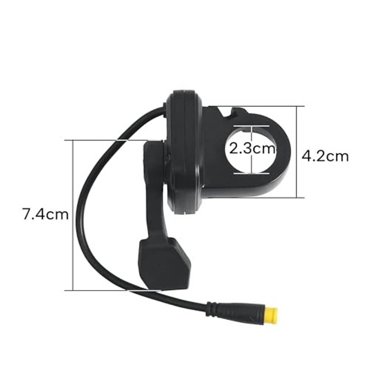Black thumb throttle size diagram showing cable and yellow connector tip.