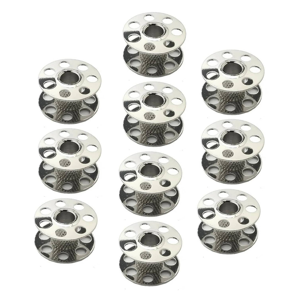 Silver metal sewing machine bobbins, 20-pack, round reels with center thread hole