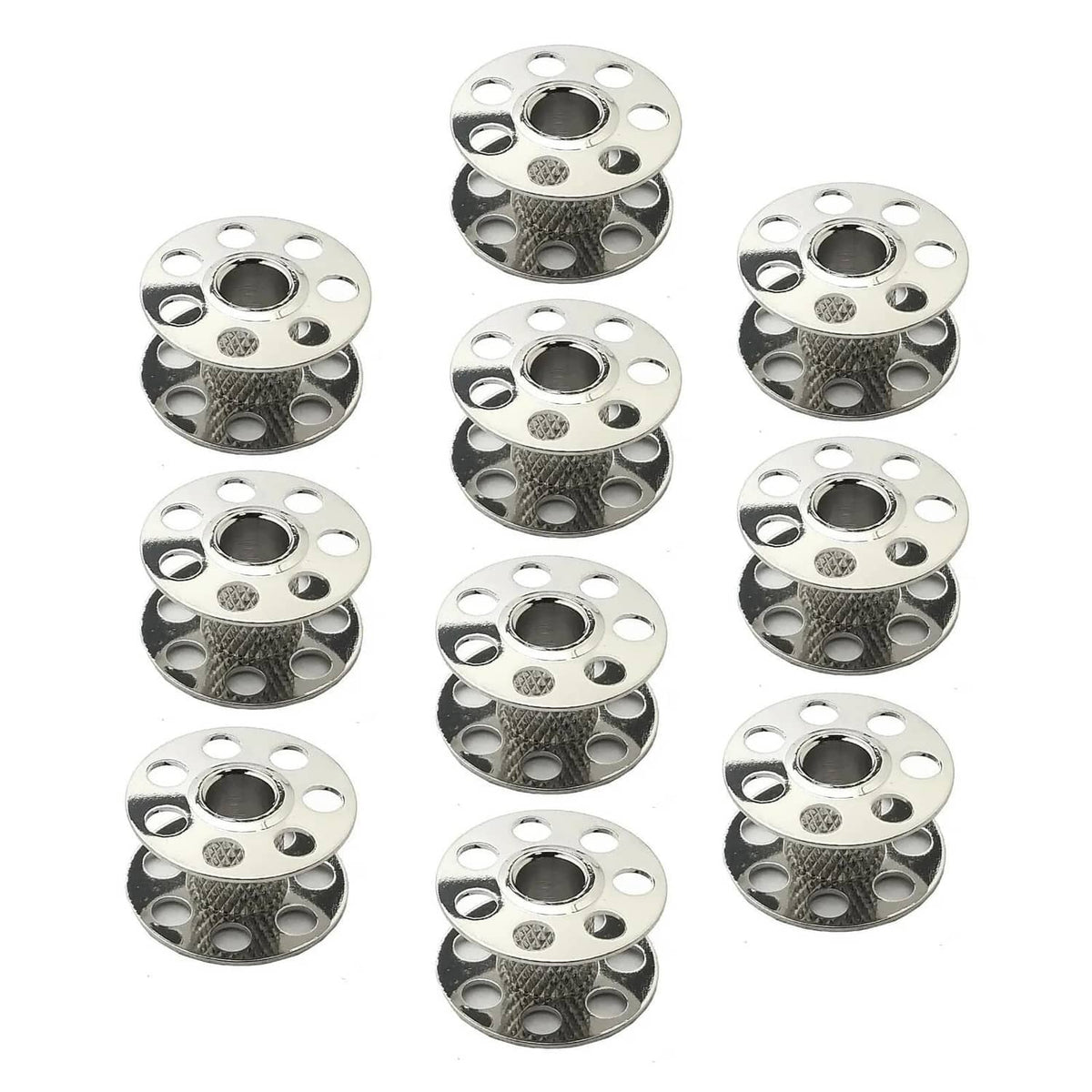 Silver metal sewing machine bobbins, 20-pack, round reels with center thread hole