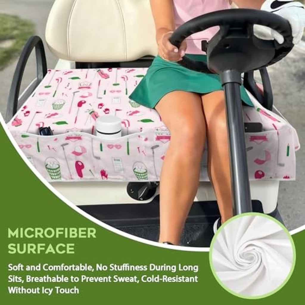 Golf cart seat cover with colorful golf icon print and smooth fabric surface
