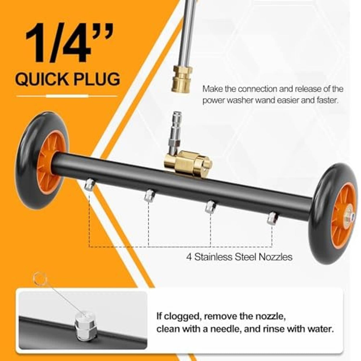 1/4 quick-plug undercarriage cleaner with orange wheels and four stainless steel nozzles