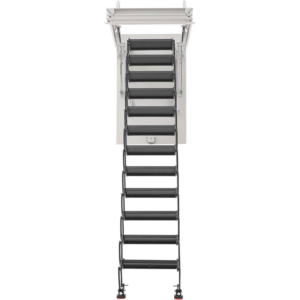 Ceiling-mounted folding attic ladder with black steps and steel frame